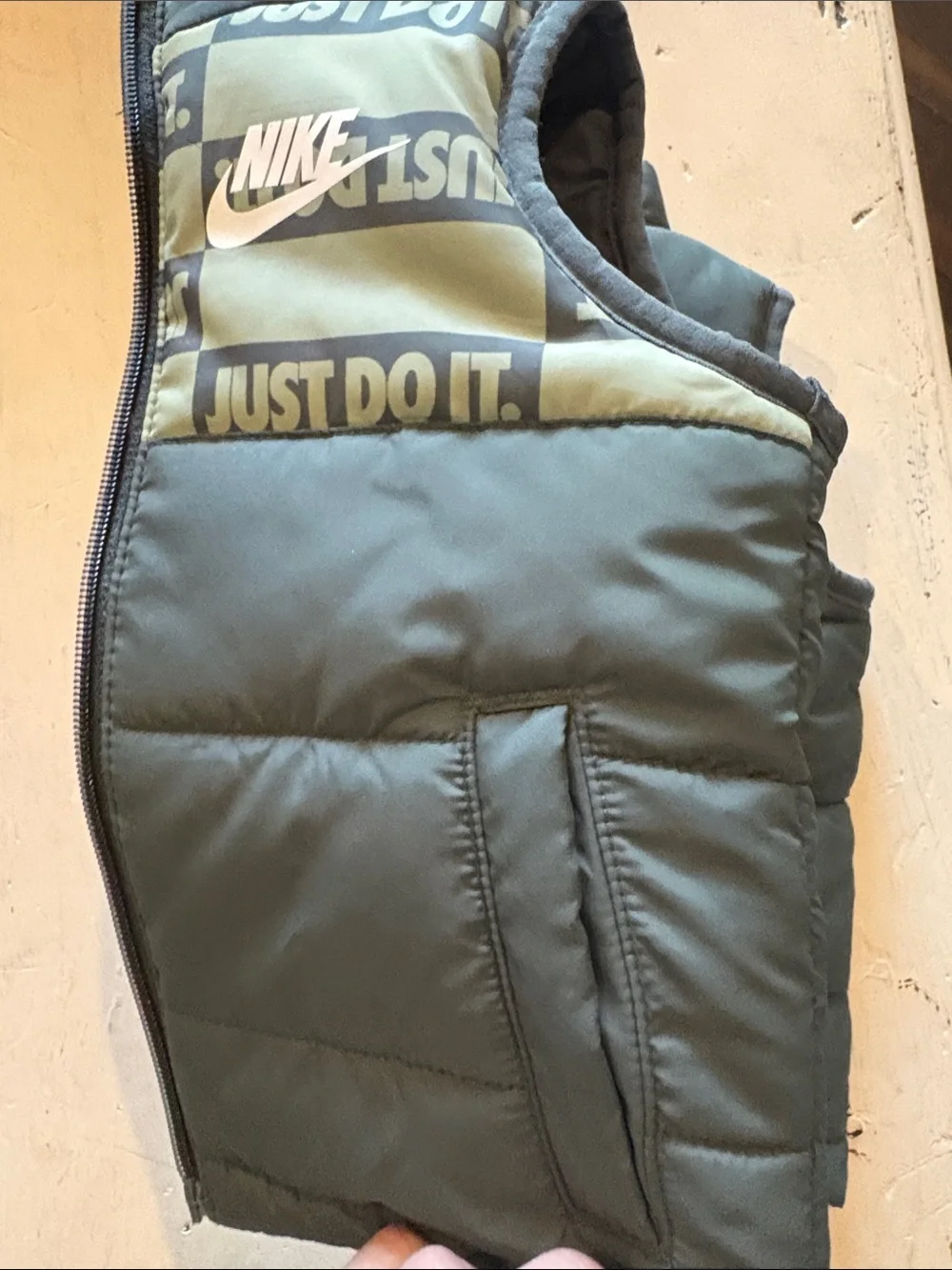 Nike Kids Olive Green and Light Green Puffer Vest with 'Just Do It.' Print